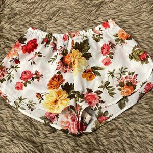 High Waist White and Red Floral Shorts